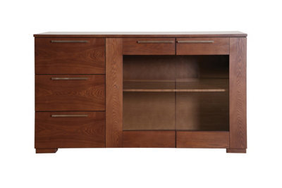 Orsina Walnut Veneer Finish Wooden Sideboard, Modern Storage Sideboard With Drawers & Glass Cabinet, Long Sideboard - image 1