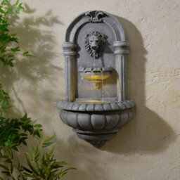 Teamson Home Lion Head Wall-Mounted Garden Fountain Led Lighting, Natural Stone
