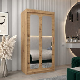Arte Uppsala T3 Sliding Door Wardrobe 100Cm In Oak Artisan - Compact Mirrored Storage With Natural Warmth