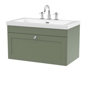 Balterley Swynnerton Traditional 1 Drawer Wall Hung Vanity Unit With Fireclay Basin, Satin Green, 800mm - image 1