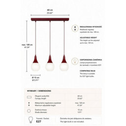 Luminosa Lighting Luminosa Lacrima Bar Pendant Ceiling Light Burgundy White Glass Shade 3X E27 - thumbnail 4