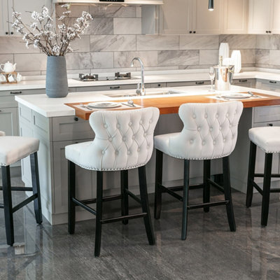 HomeTouch Set Of 6 Beige Velvet Upholstered Bar Stools With Wood Legs - image 1