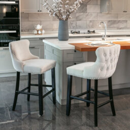 HomeTouch Set Of 6 Beige Velvet Upholstered Bar Stools With Wood Legs - thumbnail 4