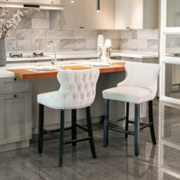 HomeTouch Set Of 6 Beige Velvet Upholstered Bar Stools With Wood Legs - thumbnail 5