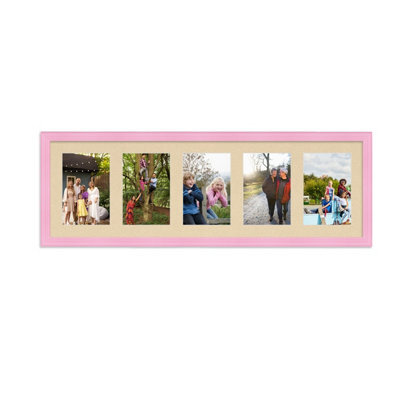 AK Frames 26X8 Pastel Pink Classic Multi Photo Frame With Ivory Mount - Holds 5 Apertures (5X) 6X4 Photos - image 1