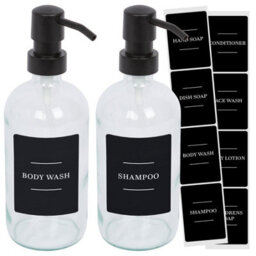 Harbour Housewares Glass Soap Dispensers With Labels 500Ml - Pack Of 2 - Refillable Pump Bottles For Kitchen & Bathroom