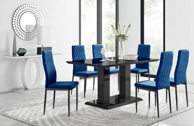 Furniturebox Uk Imperia 6 Black Dining Table And 6 Navy Velvet Milan Black Leg Chairs - image 1