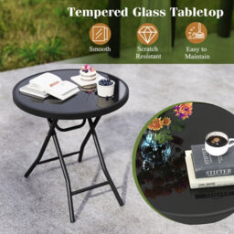 Costway Round Folding Side Table 46 Cm Patio Coffee Table With Tempered Glass Tabletop - thumbnail 6