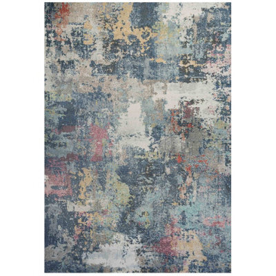 Loomed Navy Blue Multicoloured Abstract Distressed Soft Fireside Living Area Rug 60Cm X240Cm - image 1