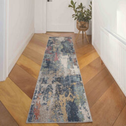 Loomed Navy Blue Multicoloured Abstract Distressed Soft Fireside Living Area Rug 60Cm X240Cm - thumbnail 8