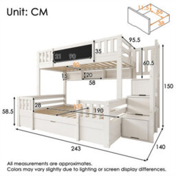 Abrihome Bunk Beds For Family With Multiple Children, Staircase Bunk With Chalkboard, Stairs, Drawers & Chalkboard, (90+135)X190 Cm, White - thumbnail 5