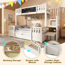 Abrihome Bunk Beds For Family With Multiple Children, Staircase Bunk With Chalkboard, Stairs, Drawers & Chalkboard, (90+135)X190 Cm, White - thumbnail 2