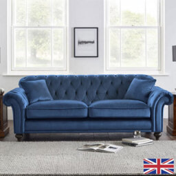 Bordeaux Button Back 2 Seater Sofa In Blue Fabric Tufted Scroll Arms, Foam Cushions, Solid Wood Legs & 2 Accent Pillows - thumbnail 2