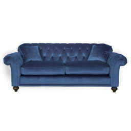 Bordeaux Button Back 2 Seater Sofa In Blue Fabric Tufted Scroll Arms, Foam Cushions, Solid Wood Legs & 2 Accent Pillows - thumbnail 6