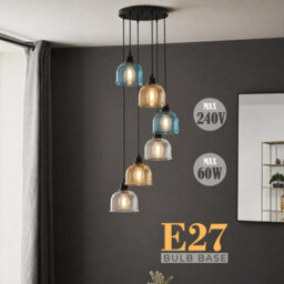 Vintage Multi-Head Pendant Ceiling Light With Blue, Amber & Clear Ribbed Glass Shades - thumbnail 4