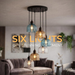 Vintage Multi-Head Pendant Ceiling Light With Blue, Amber & Clear Ribbed Glass Shades - thumbnail 5