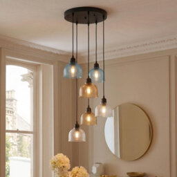 Vintage Multi-Head Pendant Ceiling Light With Blue, Amber & Clear Ribbed Glass Shades - thumbnail 6