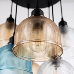 Vintage Multi-Head Pendant Ceiling Light With Blue, Amber & Clear Ribbed Glass Shades - thumbnail 7