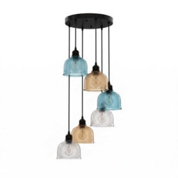 Vintage Multi-Head Pendant Ceiling Light With Blue, Amber & Clear Ribbed Glass Shades
