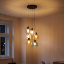 Vintage Multi-Head Pendant Ceiling Light With Blue, Amber & Clear Ribbed Glass Shades - thumbnail 2