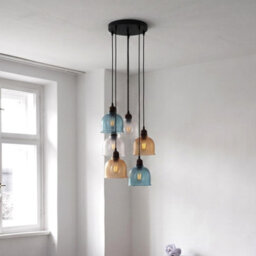 Vintage Multi-Head Pendant Ceiling Light With Blue, Amber & Clear Ribbed Glass Shades - thumbnail 8