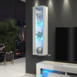 Furneo White Glass Floating Display Cabinet Tall Wall Unit Art 01 Blue Led Lights - thumbnail 1