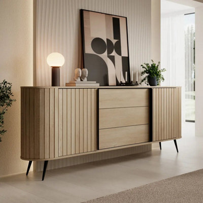 Arte Lovi Sideboard Cabinet 196Cm - Oak Cremona & Black Modern Storage Unit With Sliding Doors And Drawers - image 1