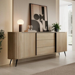 Arte Lovi Sideboard Cabinet 196Cm - Oak Cremona & Black Modern Storage Unit With Sliding Doors And Drawers