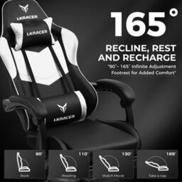 Luckracer Gaming Chair, Massage Ergonomic Computer Chair Lumbar Support High Back Height Adjustable Gaming Chair, White - thumbnail 3
