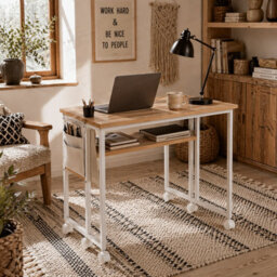 Wyld Haus Zika 80Cm Drop Leaf Writing Desk With Lockable Wheels, Natural Wood Finish And White Accents