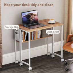 Wyld Haus Zika 80Cm Drop Leaf Writing Desk With Lockable Wheels, Natural Wood Finish And White Accents - thumbnail 5