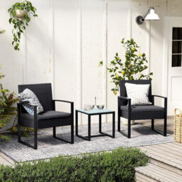 Songmics Outdoor 3-Piece Furniture Set, Pe Rattan For Bistro Or Porch Use, Convenient Assembly, 2 Chairs And Table, Black And Grey - thumbnail 3