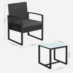 Songmics Outdoor 3-Piece Furniture Set, Pe Rattan For Bistro Or Porch Use, Convenient Assembly, 2 Chairs And Table, Black And Grey - thumbnail 2