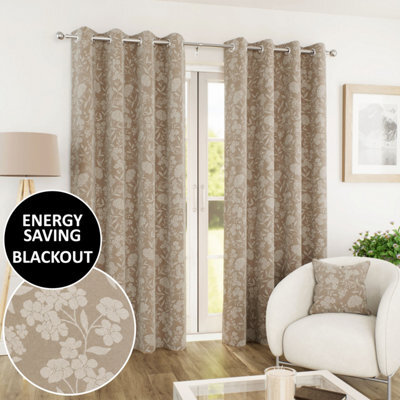 Enhanced Living Cuba Floral Trail Print Suede Sand Thermal Blackout Eyelet Curtains (Pair) - 46 X 54 Inch (117 X 137Cm) - image 1