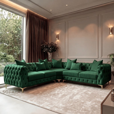 Sofaya Monaco 5 Seater Green Chesterfield Corner Chaise Sofa Velvet L Shaped - Deep Buttoned Upholstery Couch - image 1