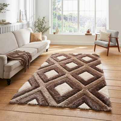 Beige Brown Modern Shaggy Geometric Rug For Dining Room-80Cm X 150Cm - image 1