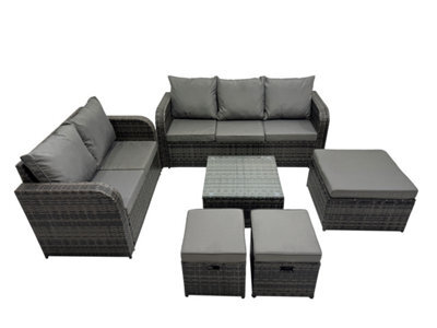 Fimous Wicker Pe Rattan Garden Outdoor Furniture Set Love Sofa Square Coffee Table Set With 3 Stools Dark Grey Mixed - image 1