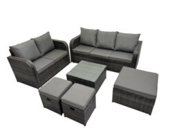 Fimous Wicker Pe Rattan Garden Outdoor Furniture Set Love Sofa Square Coffee Table Set With 3 Stools Dark Grey Mixed - thumbnail 2