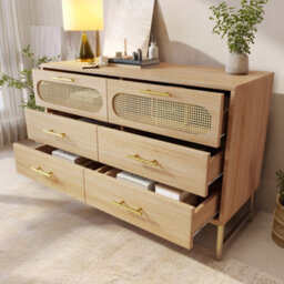Btm Oak Rattan Sideboard With 6 Drawers Storage Cabinet For Living Room Bedroom And Hallway 120 X 40 X 74 Cm - thumbnail 1