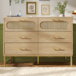 Btm Oak Rattan Sideboard With 6 Drawers Storage Cabinet For Living Room Bedroom And Hallway 120 X 40 X 74 Cm - thumbnail 6