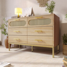 Btm Oak Rattan Sideboard With 6 Drawers Storage Cabinet For Living Room Bedroom And Hallway 120 X 40 X 74 Cm - thumbnail 7