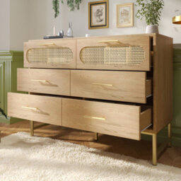Btm Oak Rattan Sideboard With 6 Drawers Storage Cabinet For Living Room Bedroom And Hallway 120 X 40 X 74 Cm - thumbnail 8