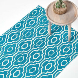 Homescapes Riga Teal And White 100% Cotton Printed Patterned Rug, 90 X 150 Cm - thumbnail 1
