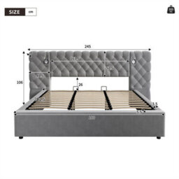 Abrihome Super King Size Velvet Storage Bed, Upholstered Bed, Hydraulic Ottoman Frame With Wide Headboard, Grey - thumbnail 2