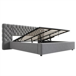 Abrihome Super King Size Velvet Storage Bed, Upholstered Bed, Hydraulic Ottoman Frame With Wide Headboard, Grey - thumbnail 3