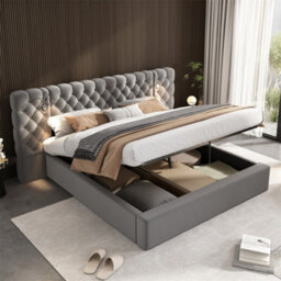 Abrihome Super King Size Velvet Storage Bed, Upholstered Bed, Hydraulic Ottoman Frame With Wide Headboard, Grey - thumbnail 1