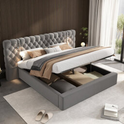 Abrihome Super King Size Velvet Storage Bed, Upholstered Bed, Hydraulic Ottoman Frame With Wide Headboard, Grey - thumbnail 7