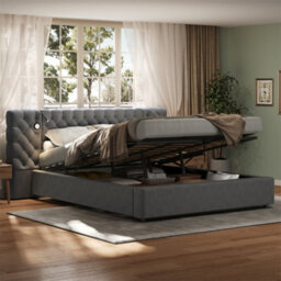 Abrihome Super King Size Velvet Storage Bed, Upholstered Bed, Hydraulic Ottoman Frame With Wide Headboard, Grey - thumbnail 4
