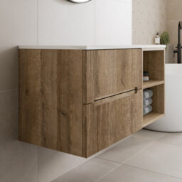 Aveli 1000mm Bathroom Vanity Unit White Marble Countertop Wall Hung Fluted Oak Unit - thumbnail 2