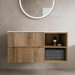Aveli 1000mm Bathroom Vanity Unit White Marble Countertop Wall Hung Fluted Oak Unit